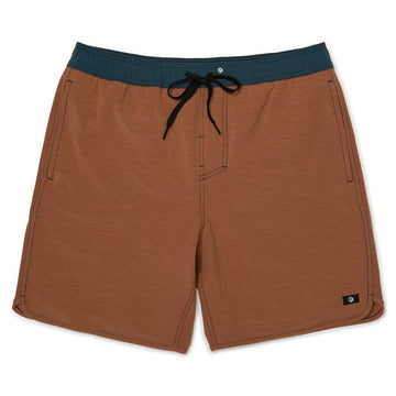 Front of lightweight clay red boardshorts with navy blue waistband.