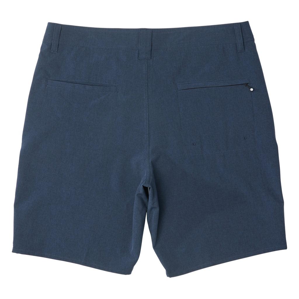 navy - rear view of mens carter hybrid walkshort in navy showing two rear pockets one with zipper and one without along with belt loops along waist 