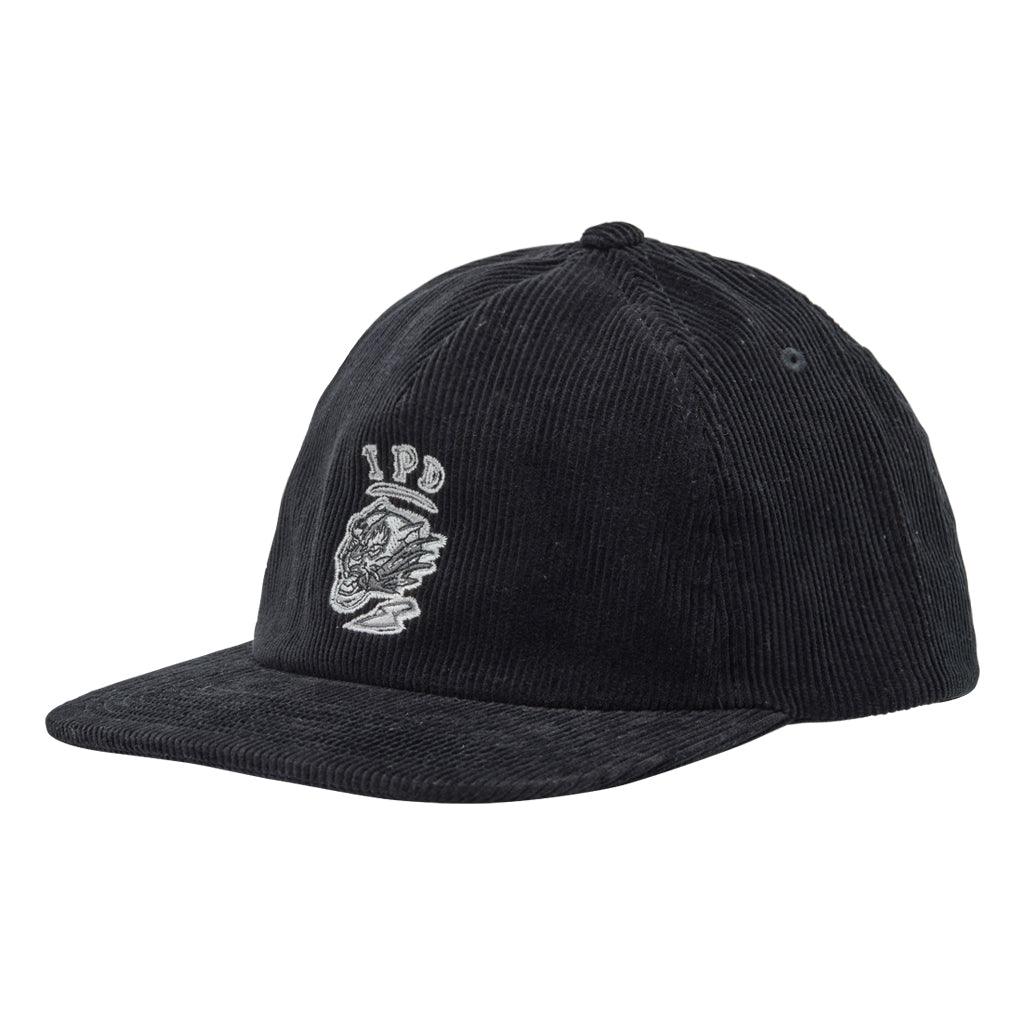 The Tiger Corduroy Hat features a classic black corduroy fabric with a strap closure in the same fabric and color. The front features an embroidered tiger head with IPD lettering above it in the color gray.  