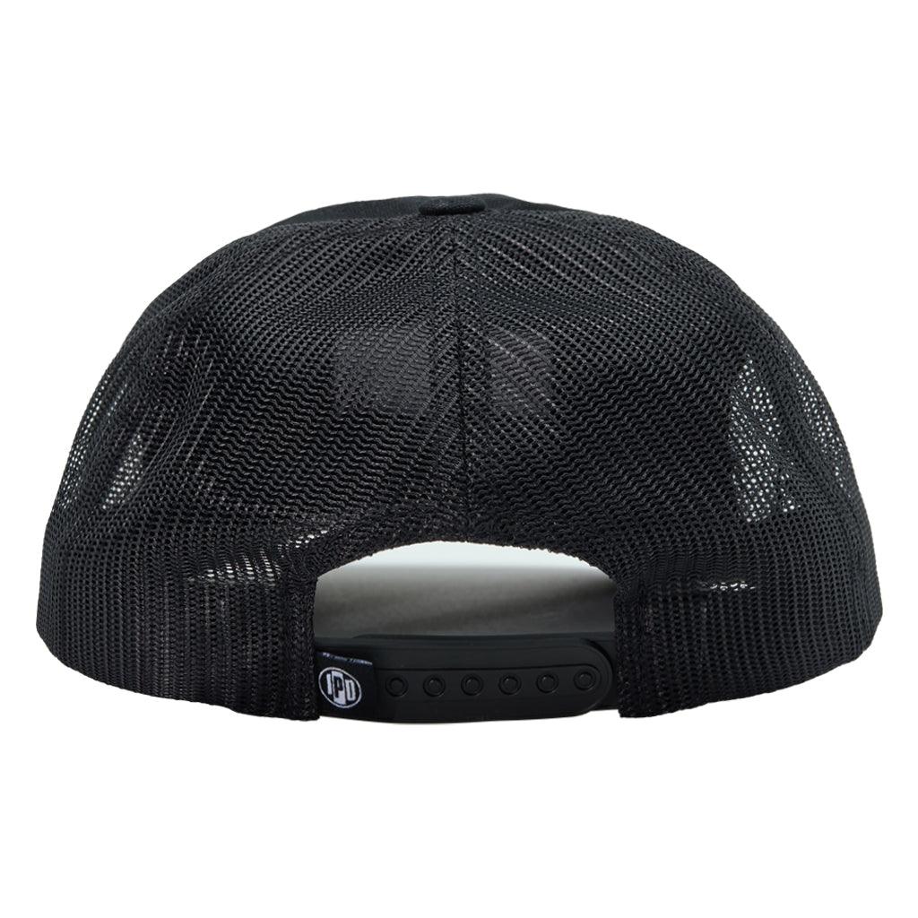 The back view of a 5-panel, unstructured, billed hat with a plastic adjustable snapback closure.