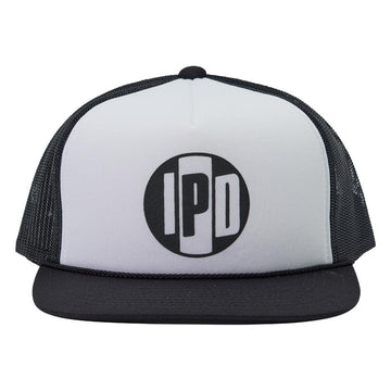 The classic trucker style and shape. This hat is white and navy. the back mesh, bill and details are navy. the front foam is white and has our Iconic IPD logo on the front in navy. Nylon foam front material, nylon mesh back, flat bill, rope detail, heat transfer logo, adjustable snap back.