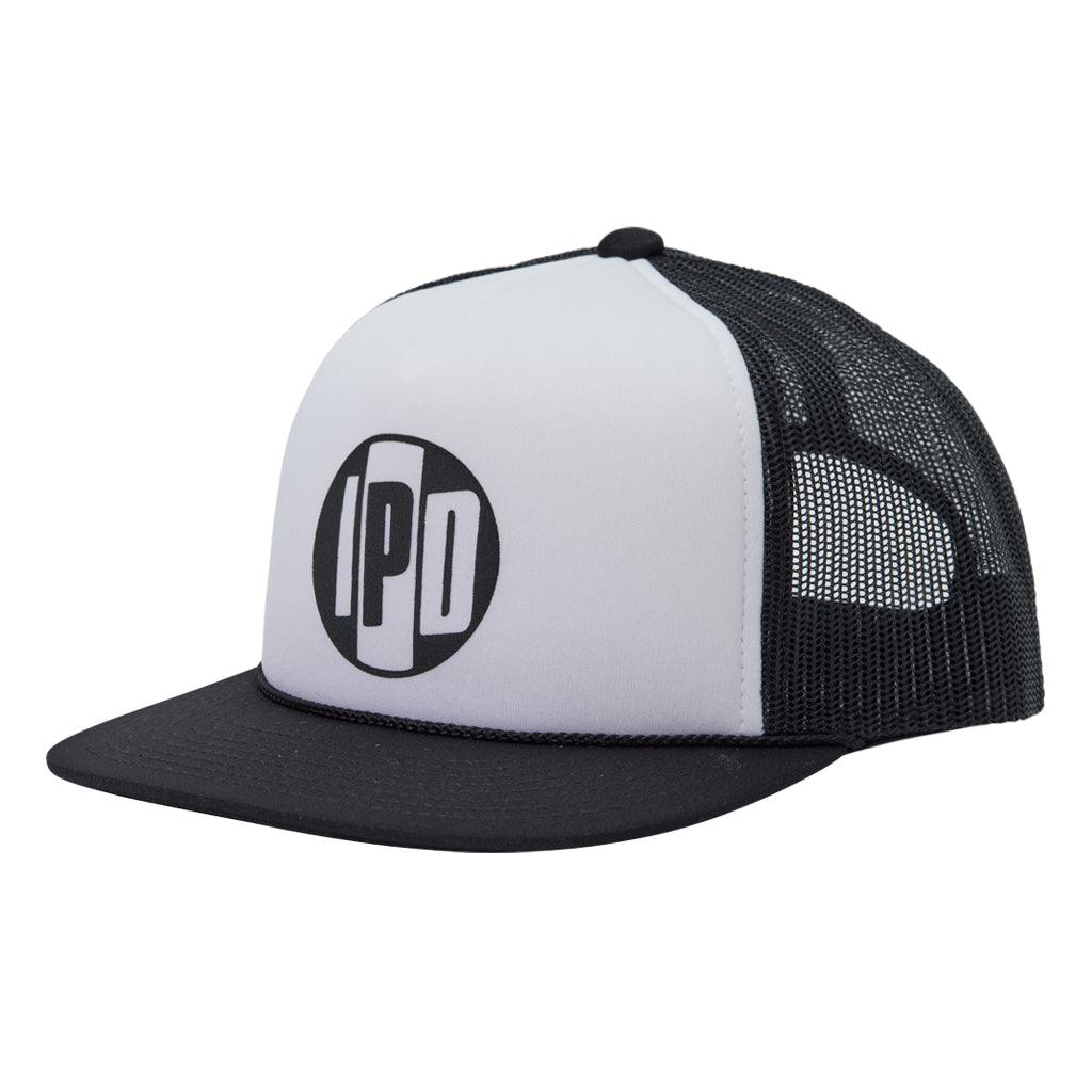 The classic trucker style and shape. This hat is white and navy. the back mesh, bill and details are navy. the front foam is white and has our Iconic IPD logo on the front in navy. Nylon foam front material, nylon mesh back, flat bill, rope detail, heat transfer logo, adjustable snap back.