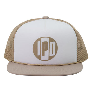 The classic trucker style and shape. This hat is white and navy. the back mesh, bill and details are navy. the front foam is white and has our Iconic IPD logo on the front in navy. Nylon foam front material, nylon mesh back, flat bill, rope detail, heat transfer logo, adjustable snap back.