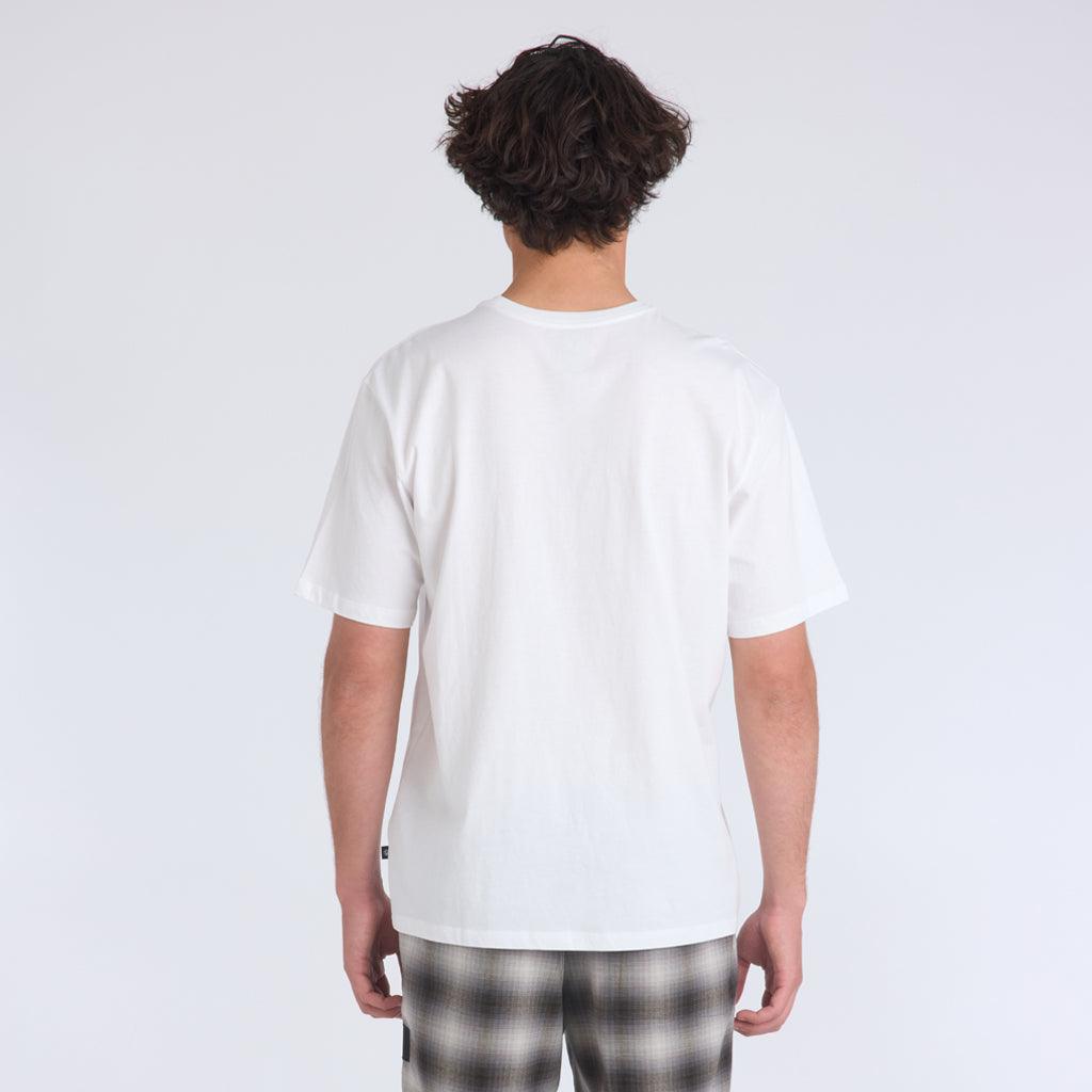 model wearing the mens foundation super sot tee white showing the plain white back 