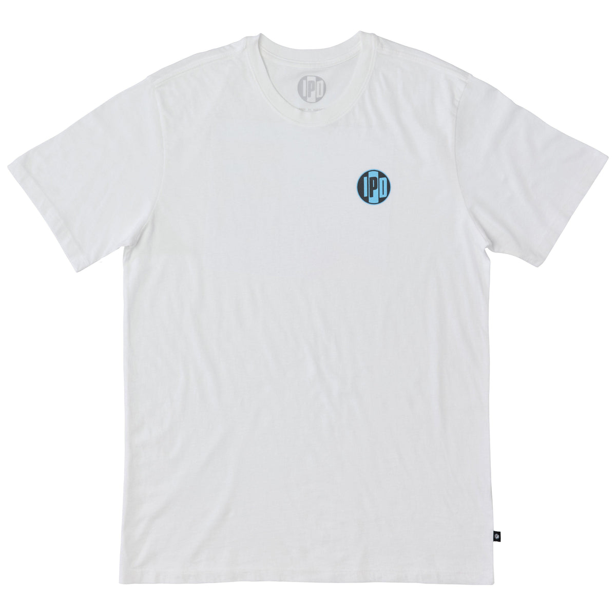 The Surf Shop Super Soft Tee has a left chest front graphic of the IPD logo in black and light blue. The back pictures a hand-drawn depiction of a surf shop across the upper middle back of the shirt. The body color of the shirt is white and the graphic color is multicolored and has a small black side seam label with the IPD logo.