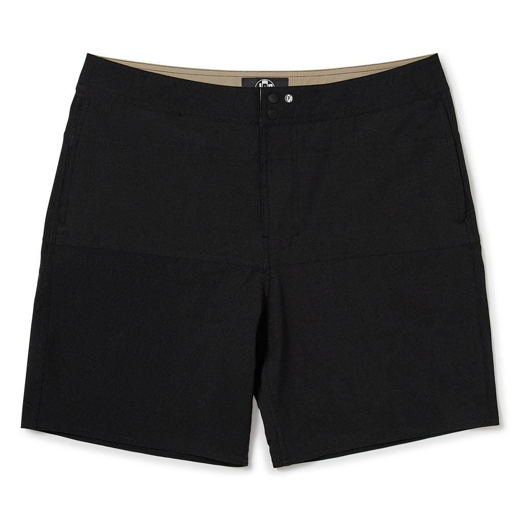 Front of solid black shorts with double button snap closure on the waist.