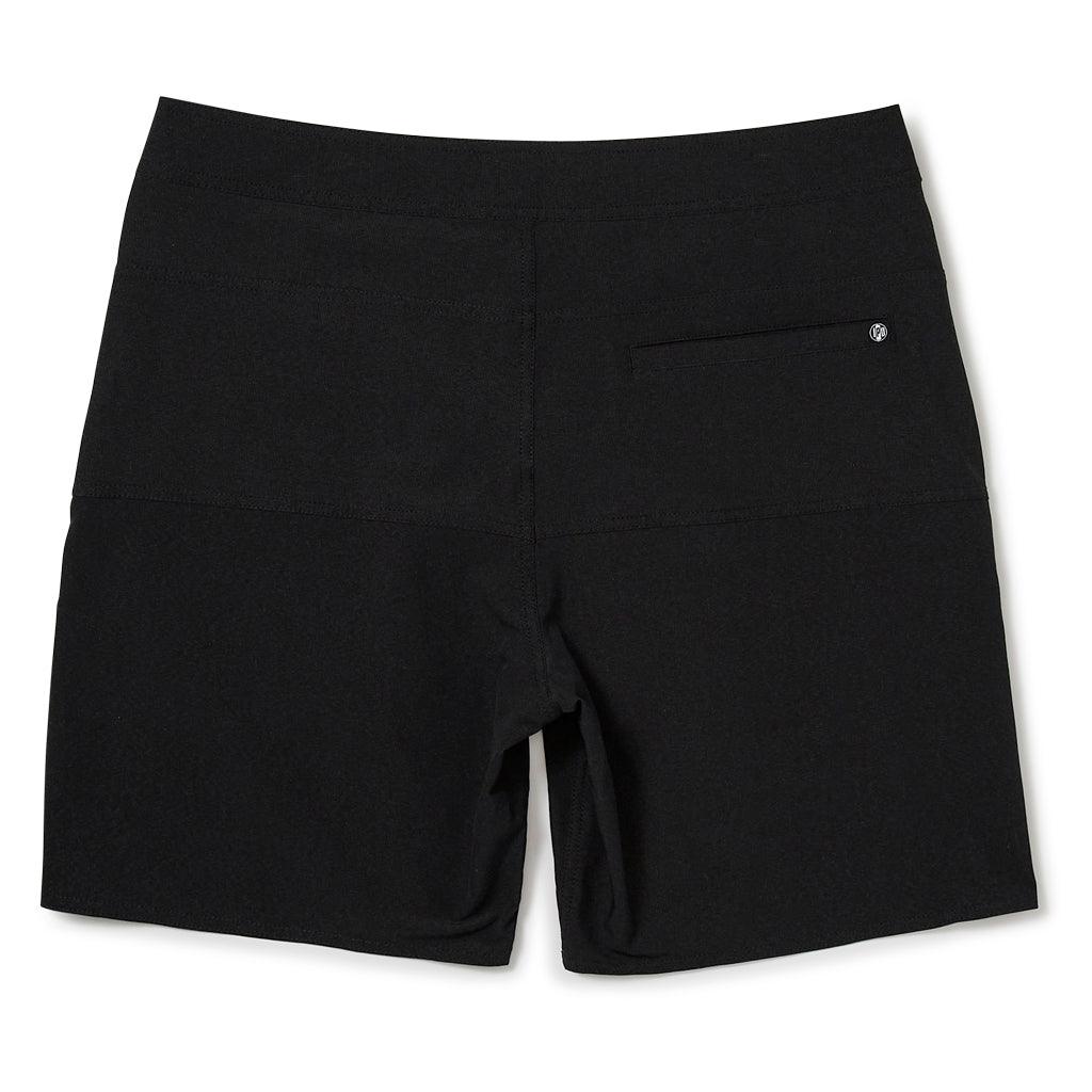 Front of solid black shorts with double button snap closure on the waist.