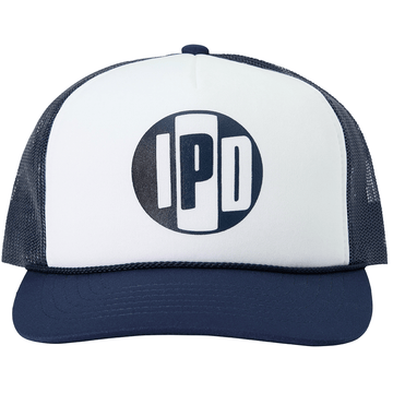 The classic trucker style and shape. This hat is white and navy. the back mesh, bill and details are navy. the front foam is white and has our Iconic IPD logo on the front in navy. Nylon foam front material, nylon mesh back, flat bill, rope detail, heat transfer logo, adjustable snap back.