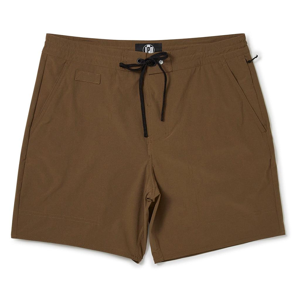 Front of earth brown lightweight boardshorts. There's a fabric carabiner loop on the right front panel.