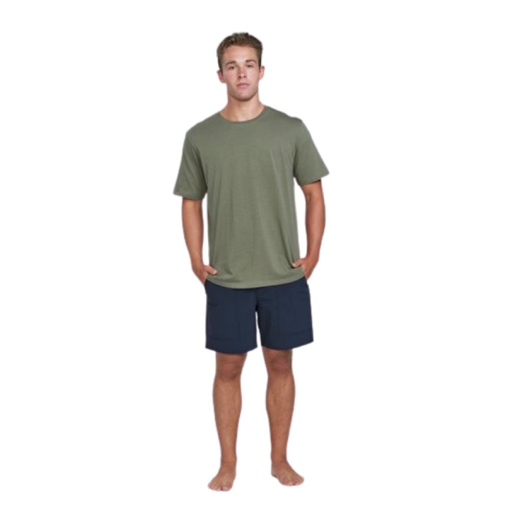 The front view of an olive-colored, short-sleeved shirt.