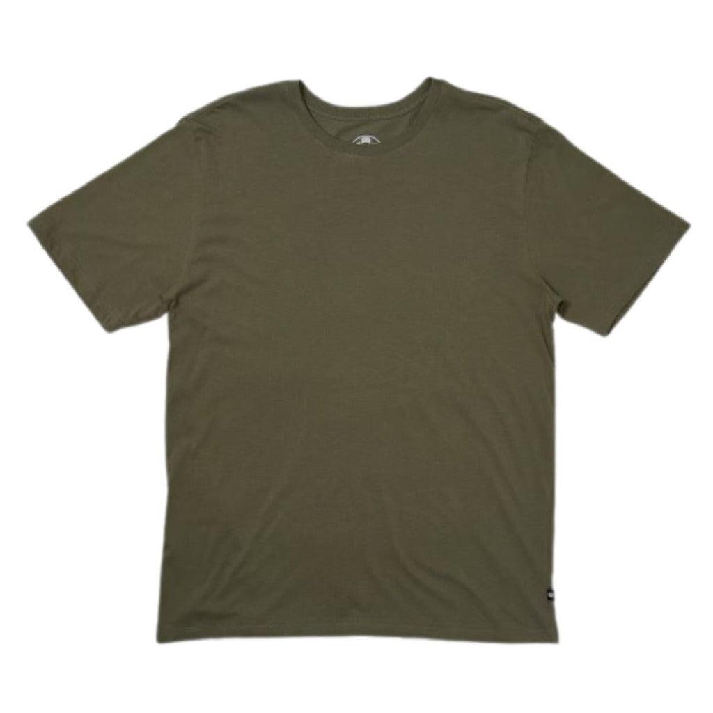 The front view of an olive-colored, short-sleeved shirt.
