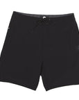 Front view of simple, solid black boardshorts with a classic style and I P D logo on the side.