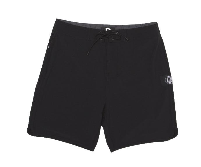 Front view of simple, solid black boardshorts with a classic style and I P D logo on the side.